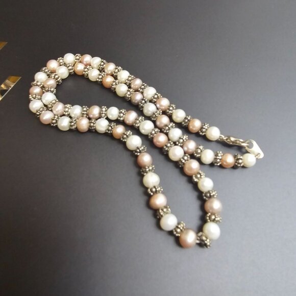Classic 18" Freshwater Pearl Necklace Pink White Silver Beads Feminine Romantic - Picture 14 of 16